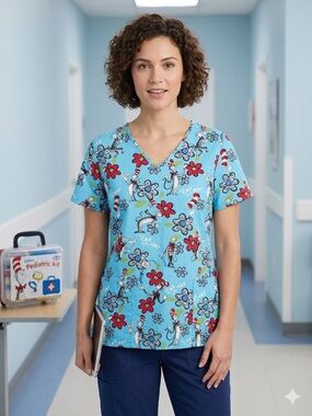 Dr. Seuss The Cat in the Hat Scrub Top Women's L Blue Floral V-Neck Medical